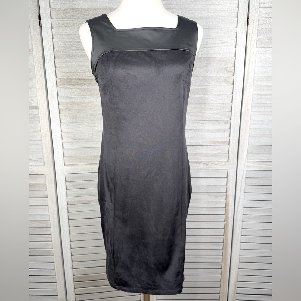 LAVAND Black Vegan Leather & Suede Square Neck Sleeveless Midi Dress-Small